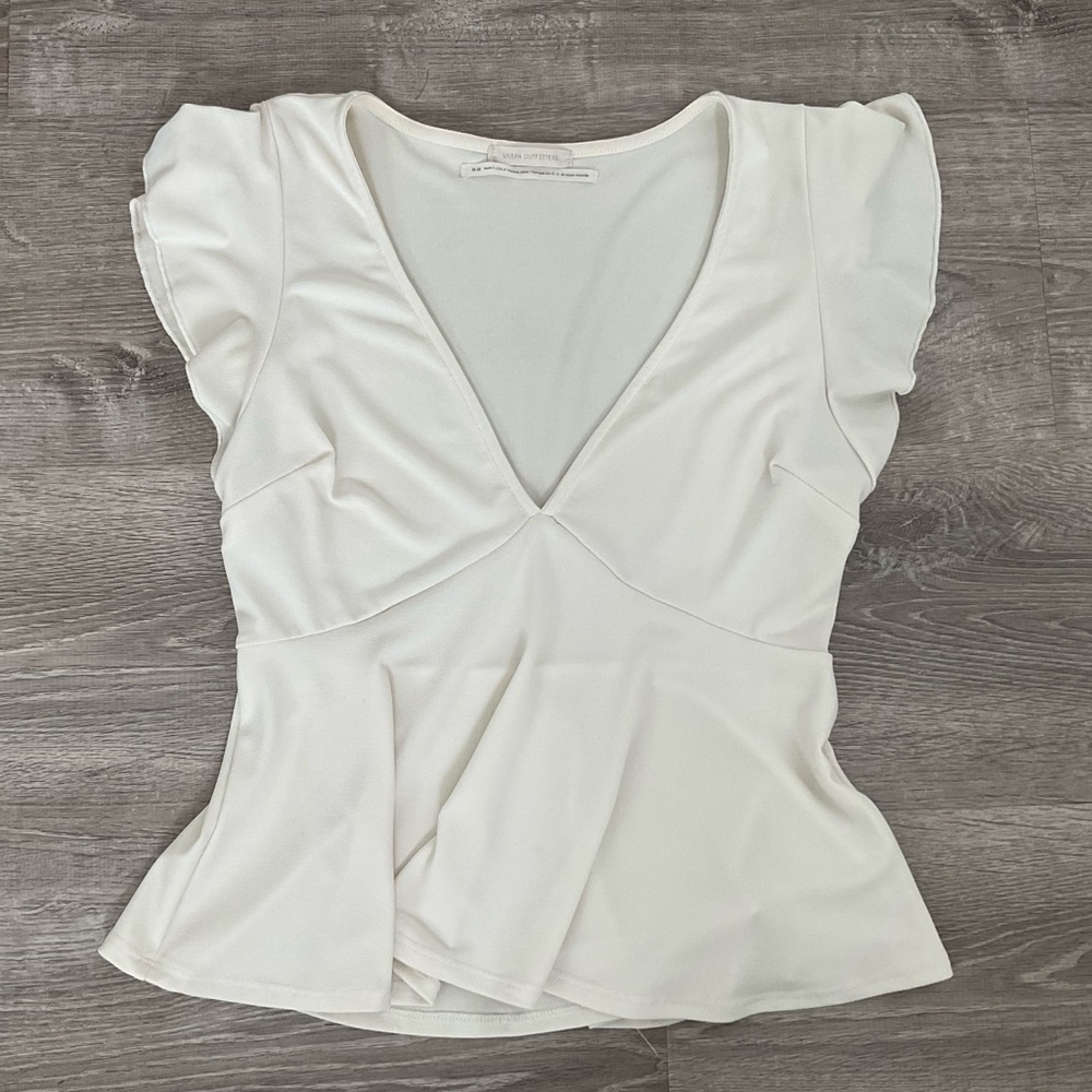 White, A line top with deep V and cap sleeves